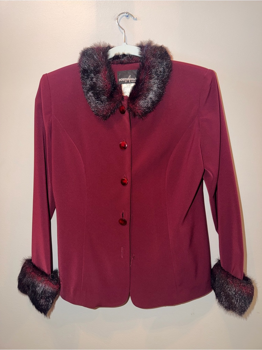 Positive Attitude Burgundy Blazer with Faux Fur Trim size 8P holiday luxury